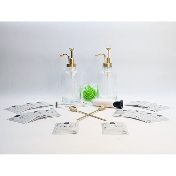 2 Glass Coffee Bar Syrup Dispenser with Labels, Milk Frother, and Funnel - Picture 1 of 1